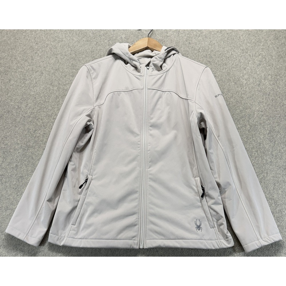 Spyder Mens Softshell Jacket Light Gray Long Sleeve Full Zip Hooded Pockets L